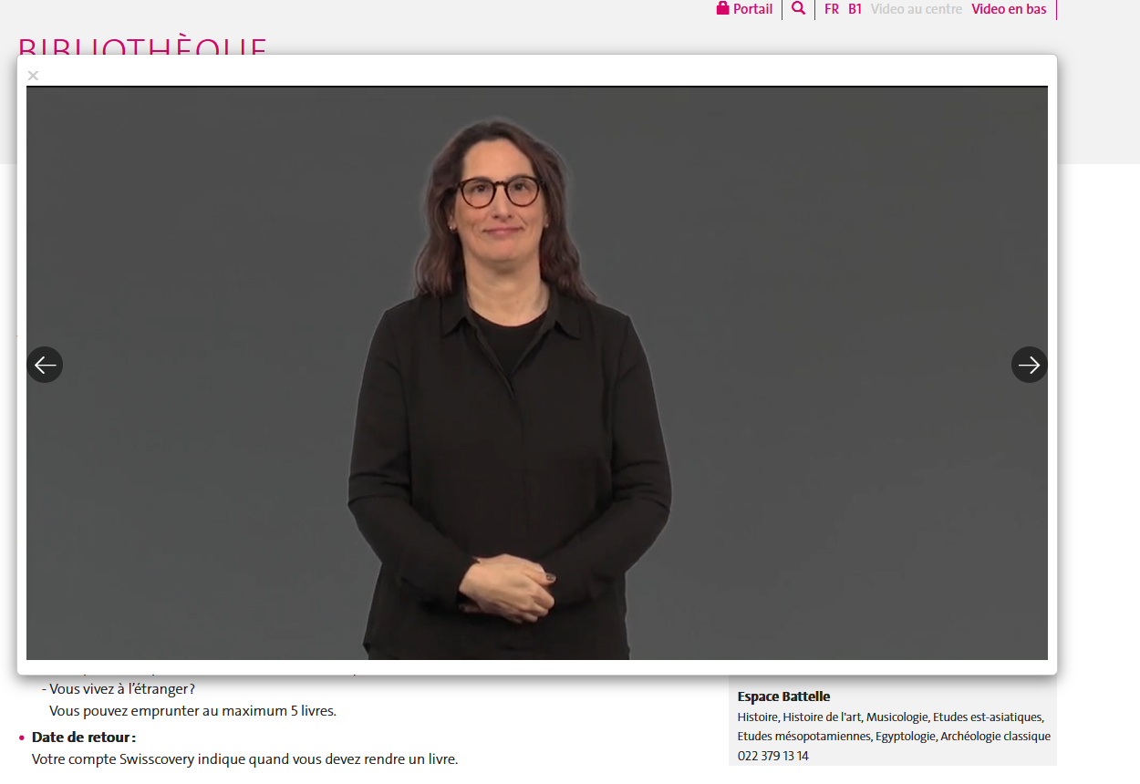 Page avec l’intégration de la langue des signes : vidéo superposée au texte